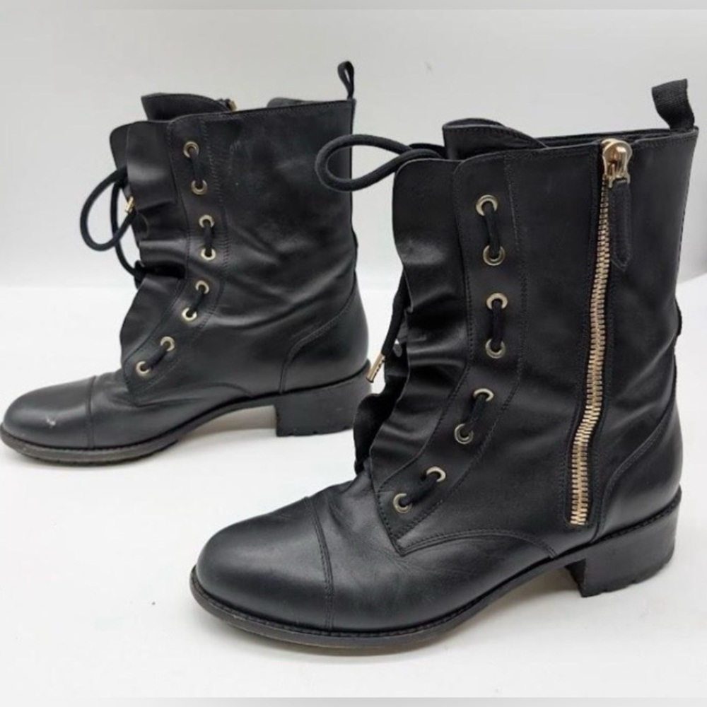 Valentino Black Ruffled Leather LaceUp Biker Combat Boots Gold Hardware US10/I40 - Picture 4 of 16
